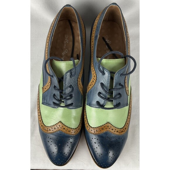 MONA FLYING 10.5 EU 43 Blue Green Leather Lace-up Oxfords Wingtip Derby Shoe - Picture 9 of 11